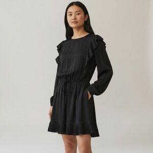 The Kooples Black Pleated Ruffle Long Sleeve Mini Dress Size 4 NWT